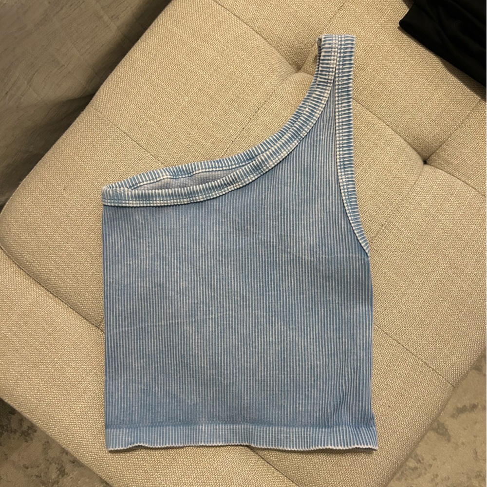 Blue One-Shoulder Ribbed Top - Picture 2 of 2